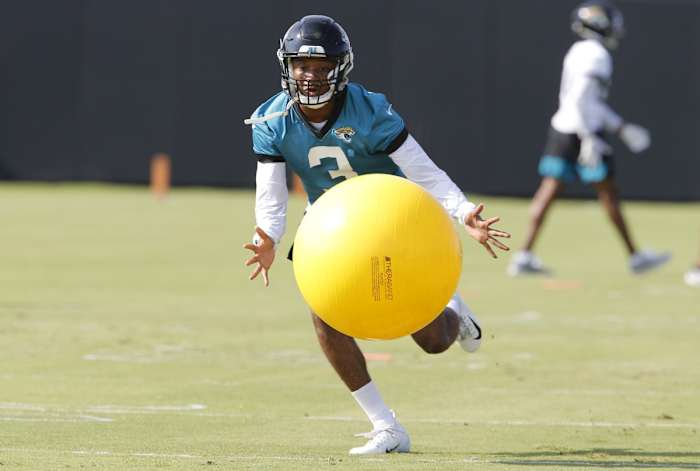 Aug 16, 2020; Jacksonville, Florida, United States; Jacksonville Jaguars cornerback Luq Barcoo (3) runs ball drills during training camp drills at the Dream Finders Homes training facility. Mandatory Credit: Reinhold Matay-USA TODAY Sports